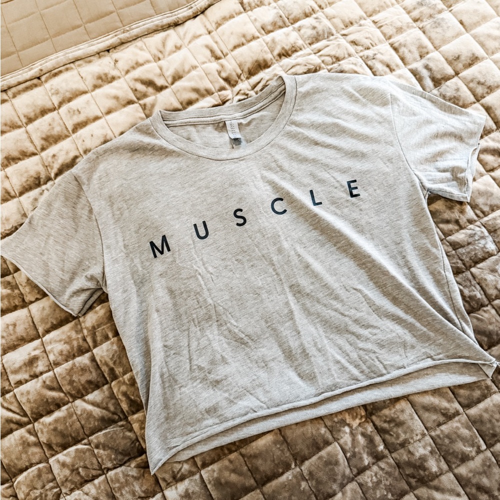 NWOT Next Level Apparel Cropped Tee with 'MUSCLE' Print, Size Small